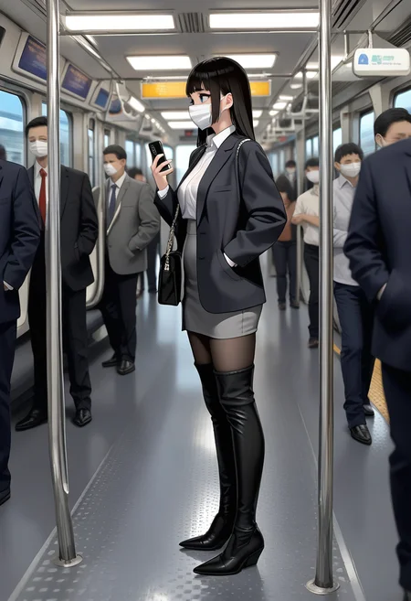 as109,yomu \(sgt epper\),omone hokoma agm,chen bin,(cowboy shot:1.3),cinematic angle,from side,profile,1girl,solo,high-waist pantyhose,black pantyhose,pantyhose under boots,highly detailed BREAK <lora:ZaraCBB:1:lbw=CLOTHE>,zaracbb,thigh boots,boots,black footwear,leather boots BREAK black hair,long straight hair,side blunt bangs,hime cut BREAK absurdres,highly-detailed,best quality,masterpiece,amazing shading,detailed illustration,zaracbb,white shirt tucked in,black blazer,open jacket,grey skirt,white mouth mask,blue eyes BREAK shoulder bag,standing,<lora:StS_PonyXL_Detail_Slider_v1.4_iteration_3:3>,<lora:E235_PONY_V1:0.6>,e235,depth of field,crowded,crowd,train interior,scenery,seat,window,screen,holding cellphone,looking at phone,hand in pocket,