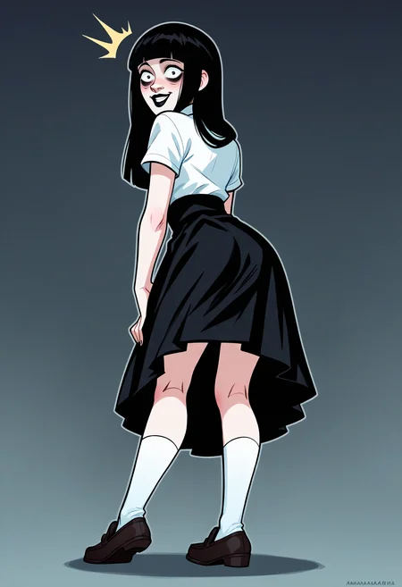 score_9, score_8_up, score_7_up, score_6_up, score_5_up, score_4_up,
BREAK
1girl, samarie funger, blunt bangs, black hair, long hair, blunt ends, black eyes, bags under eyes, flustered, blush, looking back, surprised, light smile, happy,
BREAK
arched back, from behind, black loafers, white socks, hugging own legs, black dress, long dress, white shirt, short sleeves, black lips,
BREAK
black background, simple background, dynamic pose, dark, <lora:Lunas-Samarie-Funger-SDXL-A1:1> <lora:Lunas-MarmaladeMum-SDXL-A1:1>