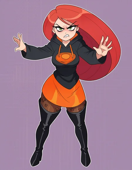 zPDXL, score_9, score_8_up, score_7_up, score_6_up, score_5_up, 4k, absurdres, looking at viewer, <lora:Perfect Hands:0.8> Perfect Hands, 1girl, solo,
Kim Possible, long hair, red hair, angry, jojo_pose, hoodie-dress, thigh-high-boots, patterned-pantyhose,
<lora:NicoNeko_v1:0.8> ncnk, silk
