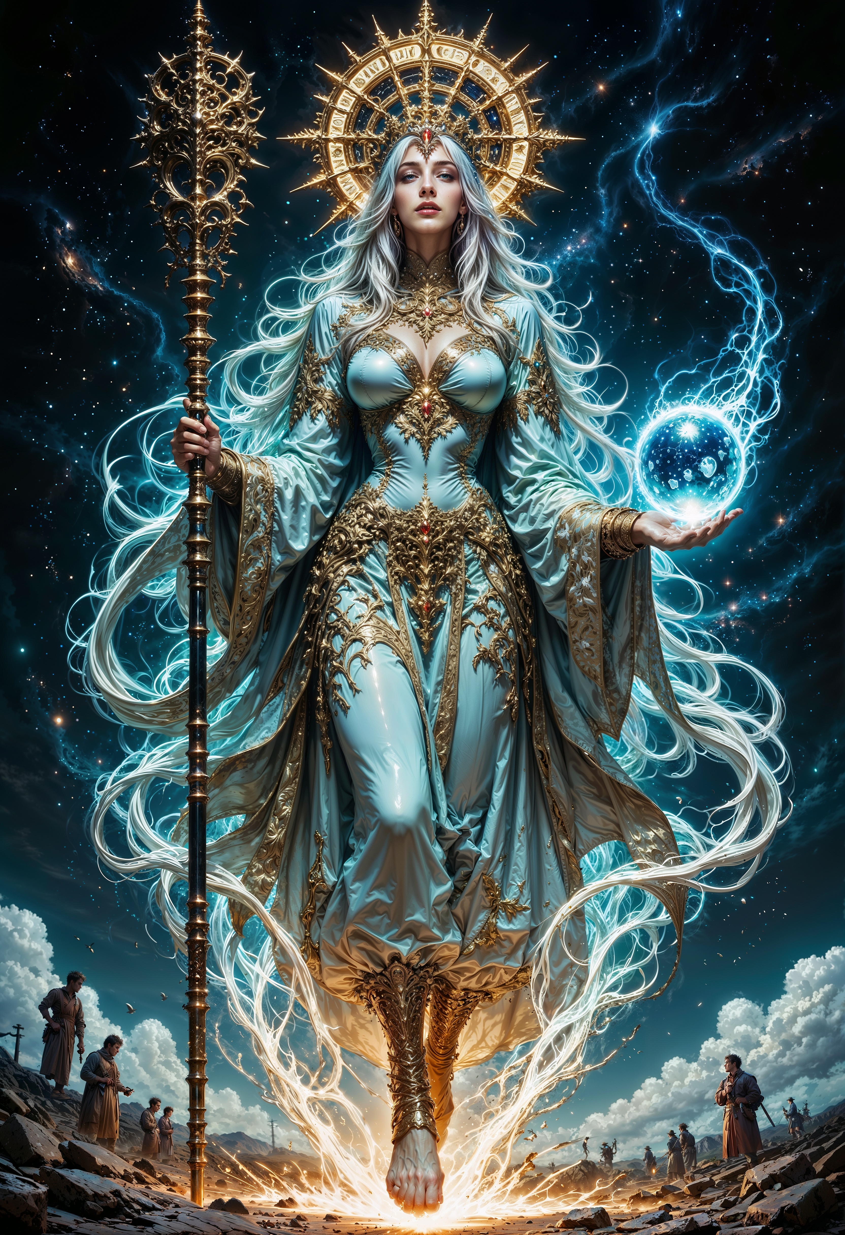 A celestial being who walks the line between the mortal and divine, the Starborne Oracle is draped in cosmic silks that shimmer with the light of distant galaxies. Her ethereal presence is crowned by a halo of floating, golden rings inscribed with ancient prophecies. Her silver hair flows like liquid stardust, and her opal eyes reflect the endless void of space. She carries an astral staff adorned with a glowing sphere that charts the destinies of those who seek her wisdom. Each step she takes leaves behind a trail of constellations, and whispers of cosmic truths echo through the void around her.
