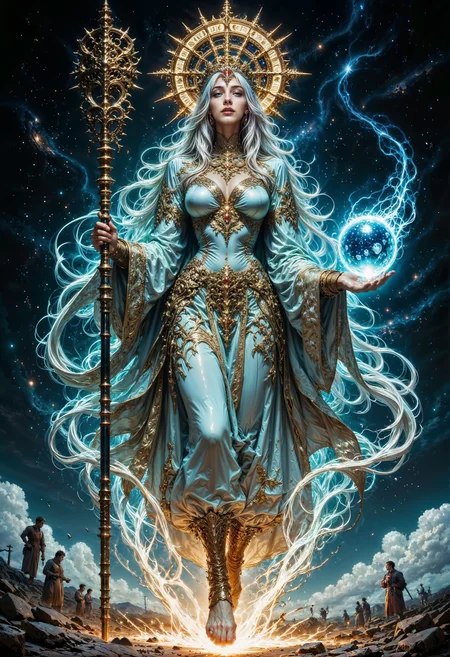 A celestial being who walks the line between the mortal and divine, the Starborne Oracle is draped in cosmic silks that shimmer with the light of distant galaxies. Her ethereal presence is crowned by a halo of floating, golden rings inscribed with ancient prophecies. Her silver hair flows like liquid stardust, and her opal eyes reflect the endless void of space. She carries an astral staff adorned with a glowing sphere that charts the destinies of those who seek her wisdom. Each step she takes leaves behind a trail of constellations, and whispers of cosmic truths echo through the void around her.