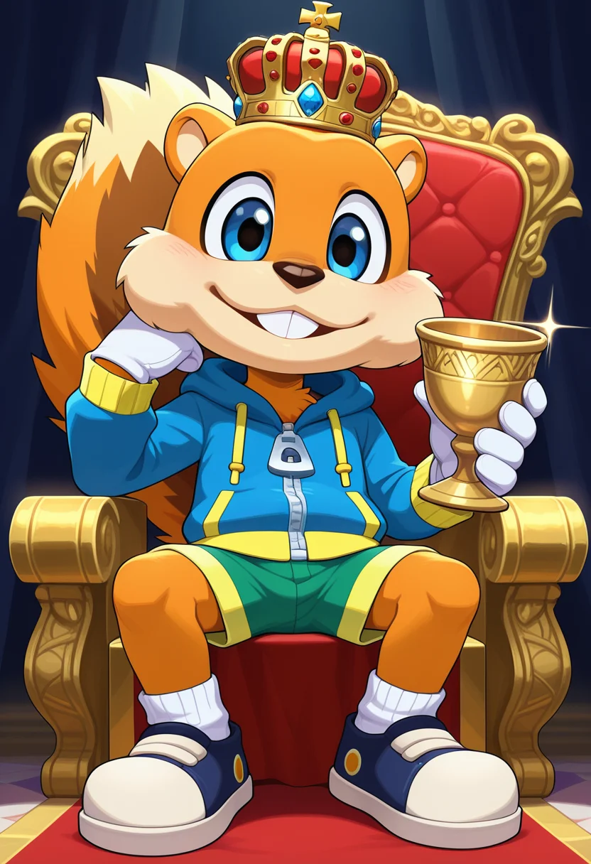 best quality, masterpiece, absurdres, newest, (official style:1.1), 
 <lora:Conker_The_Squirrel_-_Rare_Games:0.8> 1boy, c0nk3r, male focus, squirrel, masculine, cute, anthro, orange fur, black animal nose, furry male, buck teeth, squirrel tail, bushy tail, blue eyes, green shorts, blue hoodie, front zipper, shoes, white gloves, white socks, sitting on large throne, crown, chalice in hand, holding drink, arm resting,