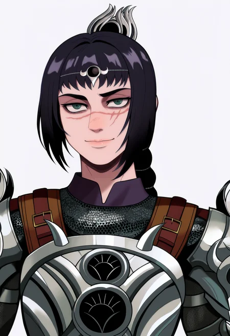 best quality, amazing quality, very aesthetic, absurdres,
1girl, solo, shadowheart, black hair, braided ponytail, green eyes, scar on face, circlet, armor,
smile, looking at viewer, upper body, simple background, white background,  <lora:ShadowHeartIllustrious_byKonan:0.8> <lora:AttackOnTitanNoobLocon_byKonan:1>