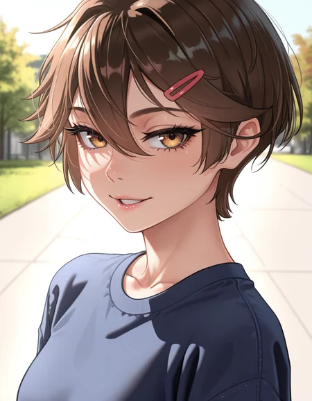 masterpiece, best quality, very aesthetic, absurdres,
outdoors, casual,
upper body, face focus,
seductive smile, parted lips, long eyelashes,
<lora:Sasha_v01_NAIXL:1>
S4sh4,1girl,solo,tomboy,short hair,brown hair,hairclip,hair between eyes,brown hair,bangs,