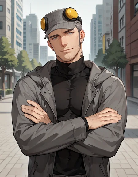 masterpiece, best quality, absurdres, newest, perfect quality, best quality, absolutely eye-catching, detailed background, intricate details, male focus, anime, solo, <lora:Persona 5 - Munehisa Iwai - Illustrious_1:0.7>, m_iwai, 1boy, mature male, grey hair, grey eyes, long sideburns, stubble, neck tattoo, multiple earrings, pinstripe hat, ear protection, grey long coat, black turtleneck, hood down, head tilt, come hither, looking at viewer, outdoors, city, trees, upper body, standing, crossed arms