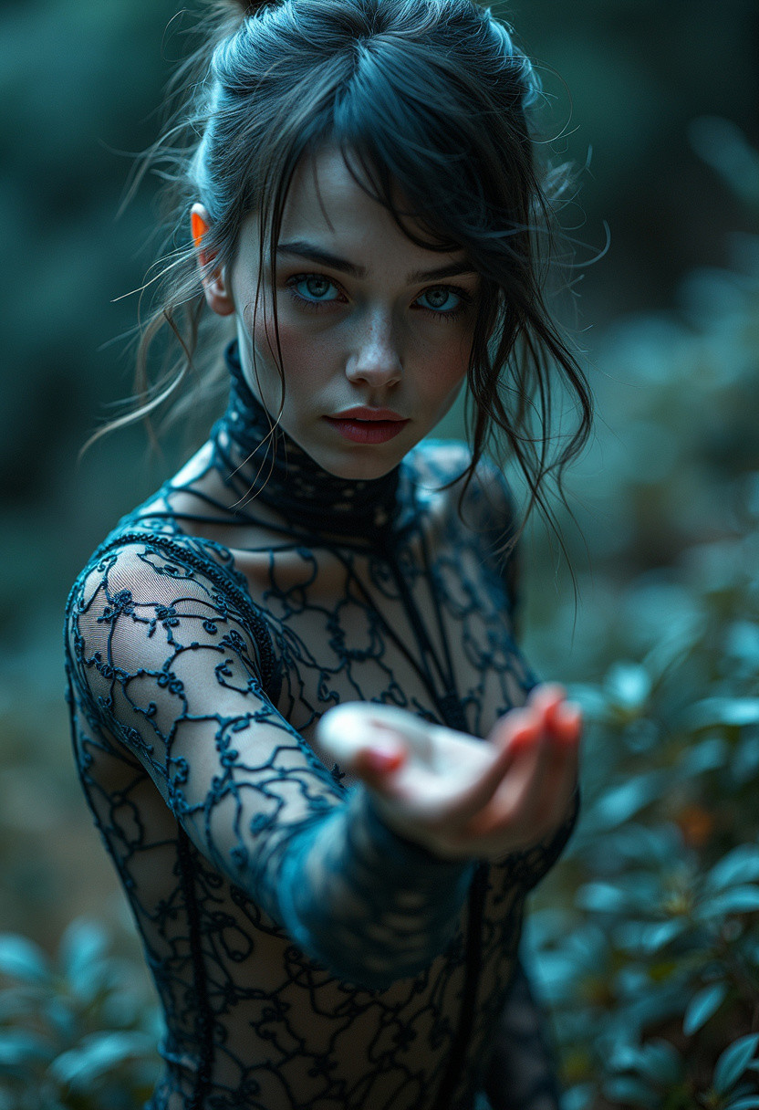 Trying to reach your Hand, Monochrome with color Highlights, upon a hill By night in profoundly deep darkness, in an seducing Mountain beautiful blueish blooming Nature area, slender succubus wearing See through flower blouse, blushed Happy shaded face, very detailed and vibrant outworn and translucent, Shot in UHD, volumetric backlight, high-resolution vintage photograph capturing a close-up of a natural Charming mystical Seducing and exciting Girl at night, with the aura of a menacing villain from a sci-fi action film. Her skintight bodysuit with intricate mechanical lines forming a complex, mystical pattern. which is hidden in deep shadow, intensifying her sinister presence. The visible part of her face shows a charming smile, and an eyebrow piercing on her uncovered eye. 
The overall image is dark, richly detailed, and exudes a mysterious, villainous atmosphere.