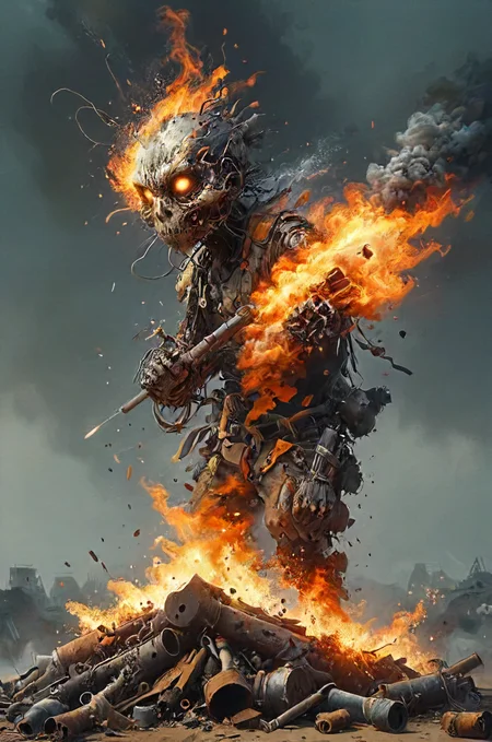 omae wa mou shindeiru. PYROTECHNY? <lora:Emergence:0.5>, <lora:Street_Art:0.6>, <lora:ral-dissolve:0.8>, <lora:SDXL - Style - EldritchRomanceIllustration1.3.1:0.4>, <lora:- SDXL - vanta-black_contrast_V3.0:0.2> <lora:20240322-1711051399194:0.4> <lora:SDXL - Style - pixel_art_3drender:0.7> <lora:Fantasy_Monsters_XL:0.2> <lora:TQ_-_Animals_Made_Of_Ruins:0.8>