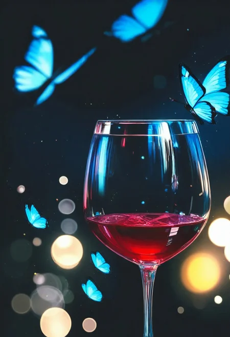 a wine glass with blue butterflies in it. black background, light particles, glowing, depth of field