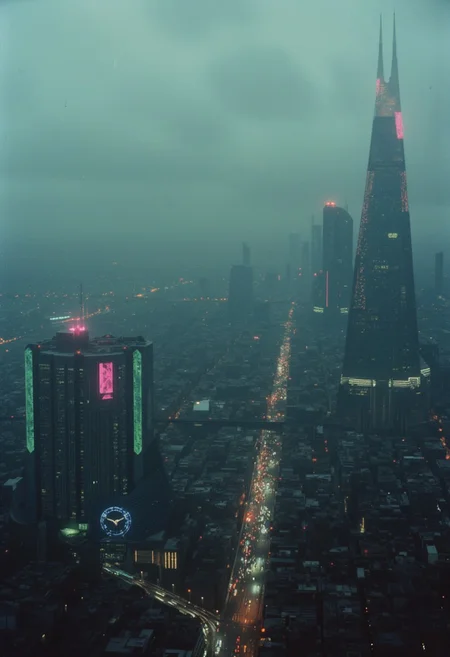 Blade Runner style, lith_mimosa_kiel_grw134_FLUX, From high above, the Blade Runner-inspired megacity sprawls beneath a thick layer of fog and rain, extending endlessly to the horizon. Towering skyscrapers with neon-lit façades pierce through the mist, their holographic billboards flickering in shades of pink, green, and electric blue. Streams of light weave through the streets like rivers of color, guiding automated vehicles along rain-slick roads far below. Massive, angular buildings rise and fall in chaotic clusters, each layer of the city adding to its dense, labyrinthine complexity. The air is heavy with pollution, creating a hazy glow that blurs the distant edges of the metropolis, where the city’s reach seems to dissolve into an endless sea of lights. As the neon glow blends with the rain-smeared atmosphere, it paints the entire landscape in a surreal, moody palette—a vision of a vast, technologically vibrant yet eerily lifeless world.