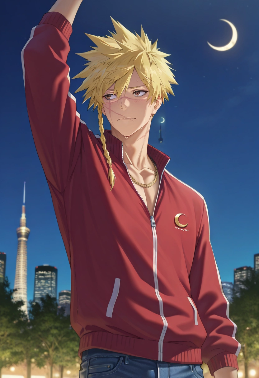 masterpiece, best quality, , (photorealistic:0.6), , 1boy, solo, male focus, <lora:choubei_aza_ilxl:1>, choubei_aza, blonde hair, brown eyes, long hair, braid, spiked hair, scar, scar on face, necklace, upper body, skytree, night, crescent moon, arm up, nervous, Slim-fit jeans, Zip-up track jacket, , ,