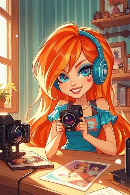 score_9, score_8_up, score_8, <lora:mh:1>, monsterhigh, 1girl, solo, smile, indoors, camera, holding camera,
