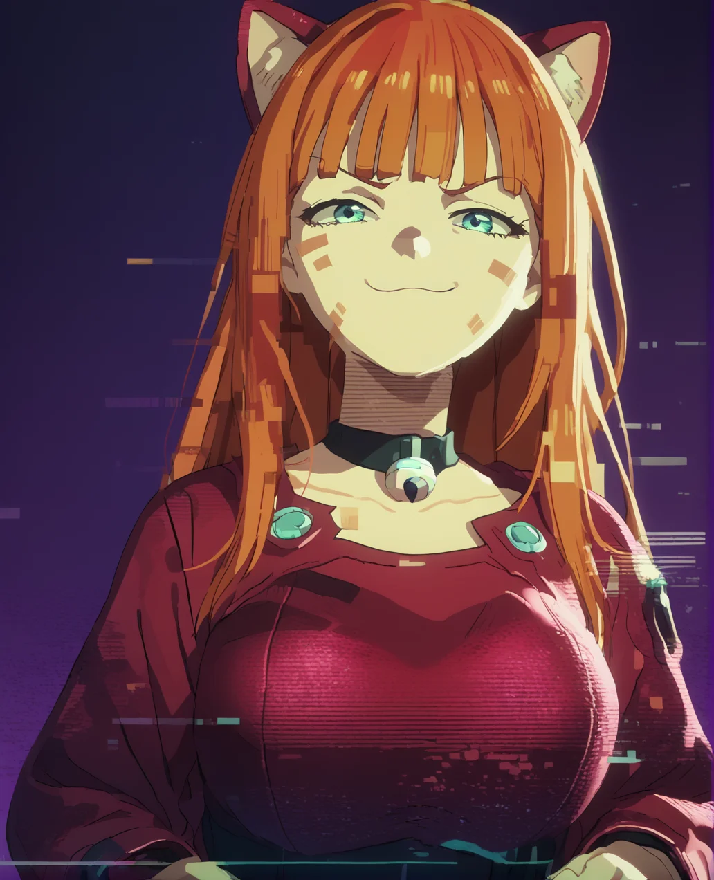 score_9,score_8_up,score_7_up,score_6_up, source anime BREAK, anime screencap,
1girl, solo, (3d:0.5),
red hologram, holographic girl, glowing, smug, rainbow,
portrait, dark background, looking at viewer, long hair, bangs, large breasts, cat ears, glitch,
<lora:hologram_v1_0_c16:1.0> <lora:Anime Screencap_epoch_10:1>