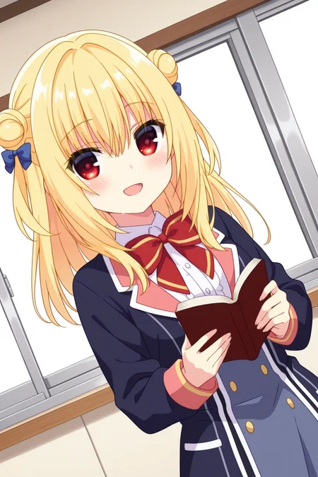 <lora:HamidashiCreative:1>, HamidashiCreative, 1girl, solo, long hair, blonde hair, hair bun, bow, holding, red eyes, smile, red bow, open mouth, hair between eyes, book, holding book, white shirt, shirt, double bun, hair bow, blush, school uniform, dutch angle, red bowtie, bowtie, looking at viewer, open book, :d, blue bow, jacket, collared shirt, sidelocks, indoors, cowboy shot,