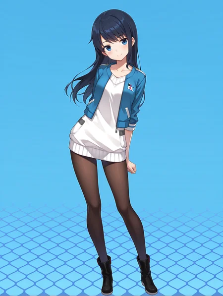 masterpiece,best quality,newest,
1girl,solo,
<lora:k_mutsumi_ilxl_v1.0:1>,k_mutsumi,black hair,long hair,blue eyes,
k_a_s,blue,sweater dress,black_pantyhose,boots,
<lora:Fixhands_anime_bdsqlsz_V1:1>,face_focus,looking_at_viewer,full body,honeycomb_background,head tilt,open_stance,standing,arms_behind_back,leaning_forward,light_blush,white_background,smile,looking_up,