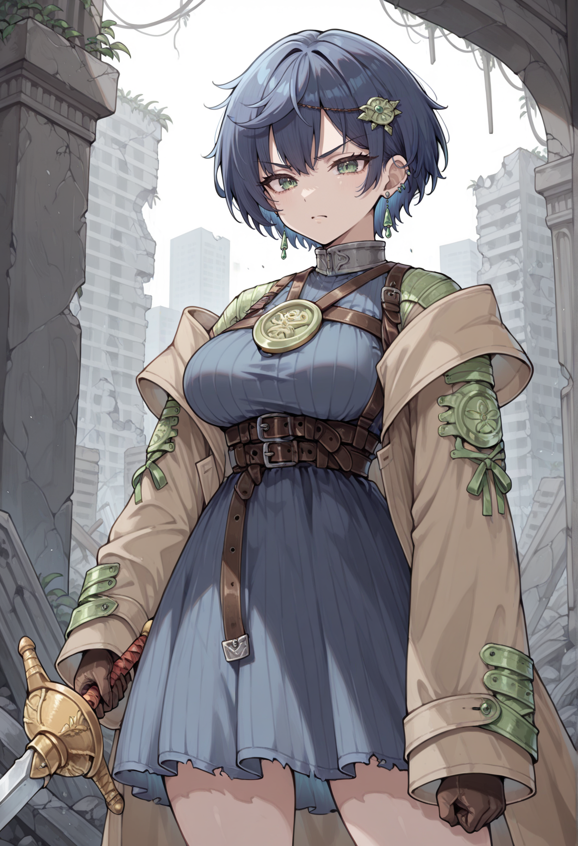 1girl, short hair, blue hair, hair ornament, earrings, jewelry, green eyes, high collar, medallion, harness, belt, blue dress, brown coat, skirt, outdoors, ruins, holding sword, rapier, fighting stance, angry <lora:Layna_Illus_tutorial:0.8>, masterpiece, best quality, amazing quality, very aesthetic, absurdres, highres, newest