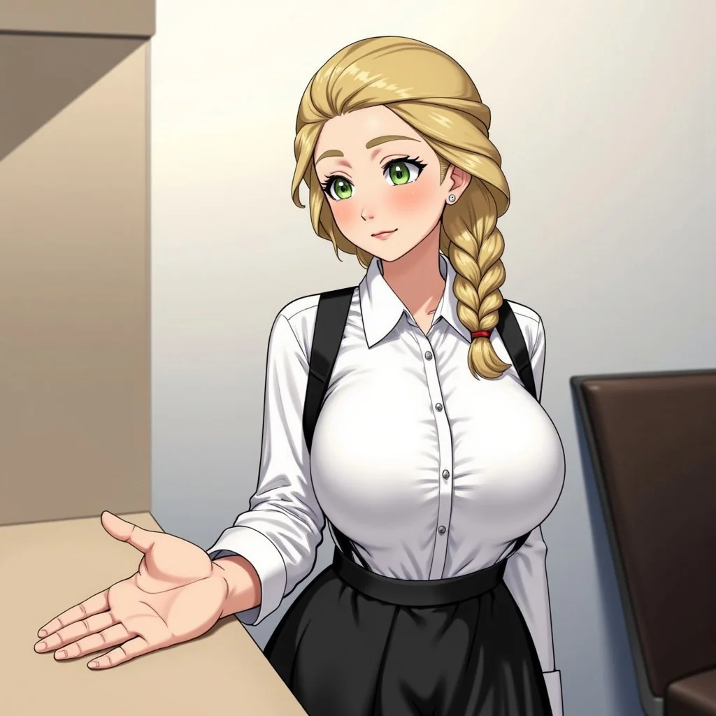 1girl,blonde hair,single braid,green eyes,white shirt,collared shirt,hair over shoulder,black vest,black skirt,Detailed hand,Hand,Perfect hand