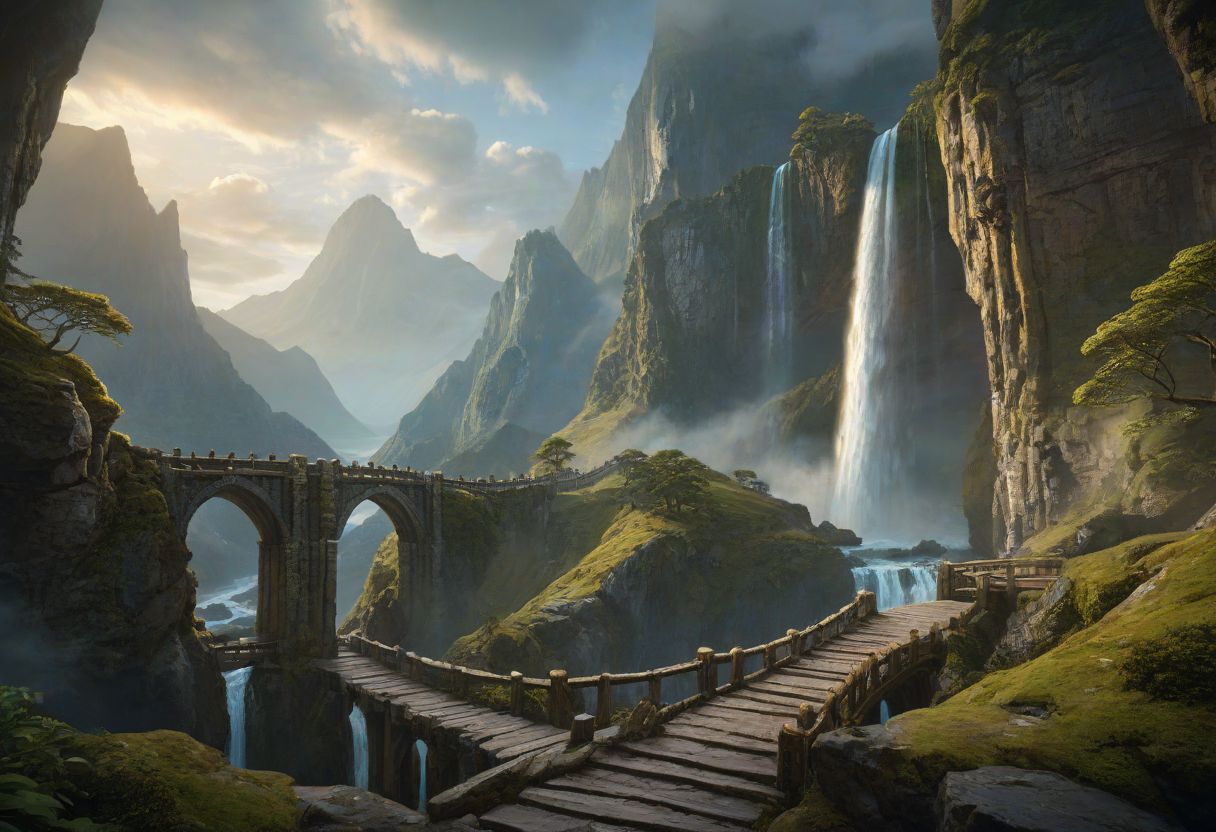 masterpiece, best quality, ultra detailed, professional light, cinematic lighting, ambient lighting, atmospheric effects, epic landscape, high fantasy, waterfall, mountains, cliff, bridge, Kintsugi style path, clouds