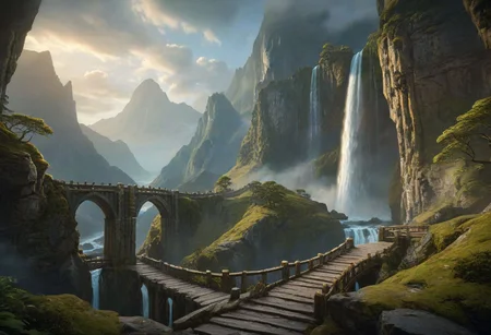 masterpiece, best quality, ultra detailed, professional light, cinematic lighting, ambient lighting, atmospheric effects, epic landscape, high fantasy, waterfall, mountains, cliff, bridge, Kintsugi style path, clouds