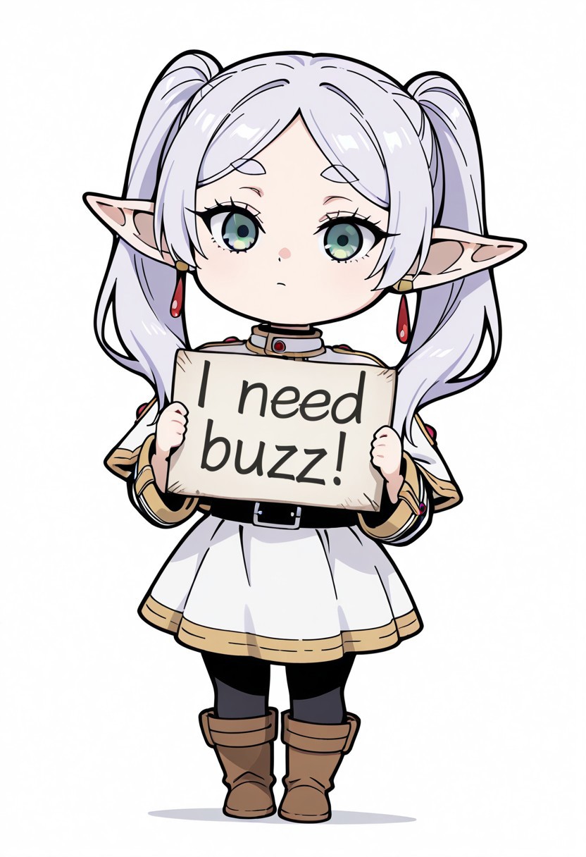 masterpiece, need_buzz, holding sign, sousou no frieren, frieren,chibi,chibi style, 
1girl, solo, white background, shirt, skirt, long sleeves, jewelry, pantyhose, pointy ears, parted bangs, green eyes, white hair, twintails, boots, full body, white skirt, earrings, striped shirt, sash, black pantyhose, capelet, white capelet, elf