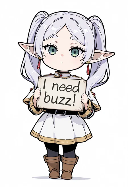 masterpiece, need_buzz, holding sign, sousou no frieren, frieren,chibi,chibi style,
1girl, solo, white background, shirt, skirt, long sleeves, jewelry, pantyhose, pointy ears, parted bangs, green eyes, white hair, twintails, boots, full body, white skirt, earrings, striped shirt, sash, black pantyhose, capelet, white capelet, elf