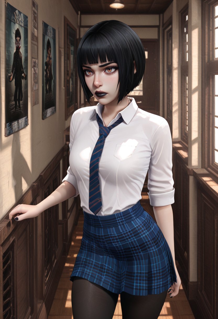 <lora:Dramatic Lighting Slider:2.5>masterpiece, best quality, highres, amazing quality, very aesthetic, absurdres, illustrative, newest, realism, photograph, realistic, ray tracing, volumetric lighting, light particles, film grain, extremely detailed, sharp focus, HD, ,8K,HDR, dramatic lighting, detailed background, depth of field, dynamic composition, foreshortening, blurry edges, raytracing, volumetric lighting, epic, digital artwork, high resolution, perfect artwork, ultra-detailed, very awa, photorealistic detail, detailed face, detailed eyes, detailed hair, depth of field, scenery,
<lora:frostbitev2_Illu_dwnsty:0.9>frostbite, <lora:arcane_style_illustrious_goofy:0.4> <lora:Jay_Marveloroboro_Shaded_ANIME_Style:0.7> shaded_anime,
 <lora:Stephanie:1> steph, black lips, black hair, bob cut, bangs, nail polish, 
school uniform, black pantyhose, necktie, plaid skirt, blue plaid, white shirt,, <lora:Pony_DetailV2.0:1> <lora:add-detail-xl:3><lora:detailed_notrigger:1> <lora:r-hrtdrp:1> <lora:PowerPuffMixLora:1> <lora:Smooth_Booster_v2:0.7><lora:cfg_scale_boost:0.7> <lora:NOOB_vp1_detailer_by_volnovik_v1:1>