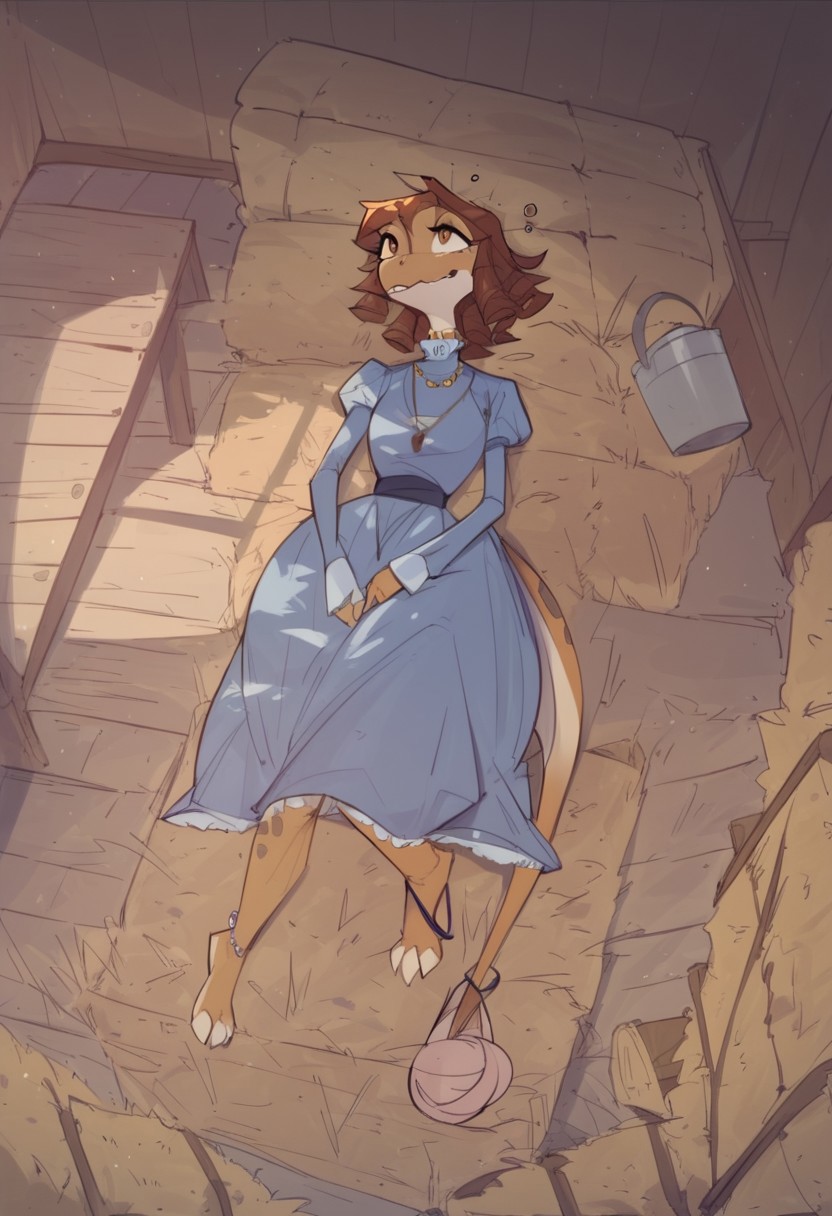 safe_pos, BeansPXL, jewelry, long sleeves, juliet sleeves, necklace, puffy sleeves, dress, blue dress, brown eyes, brown hair, short hair, drill hair, reptile girl, large breasts, narrow waist, wide hips, anthro lizard, scales, furry, female furry, sleeping on hay bail, on back, tail curled around ankles, holding a big egg, snoring, porch light, early evening, 
flat color, fca style, toon \(style\), 2d,score_9, score_8_up, score_7_up, score_6_up, farm house, fence,