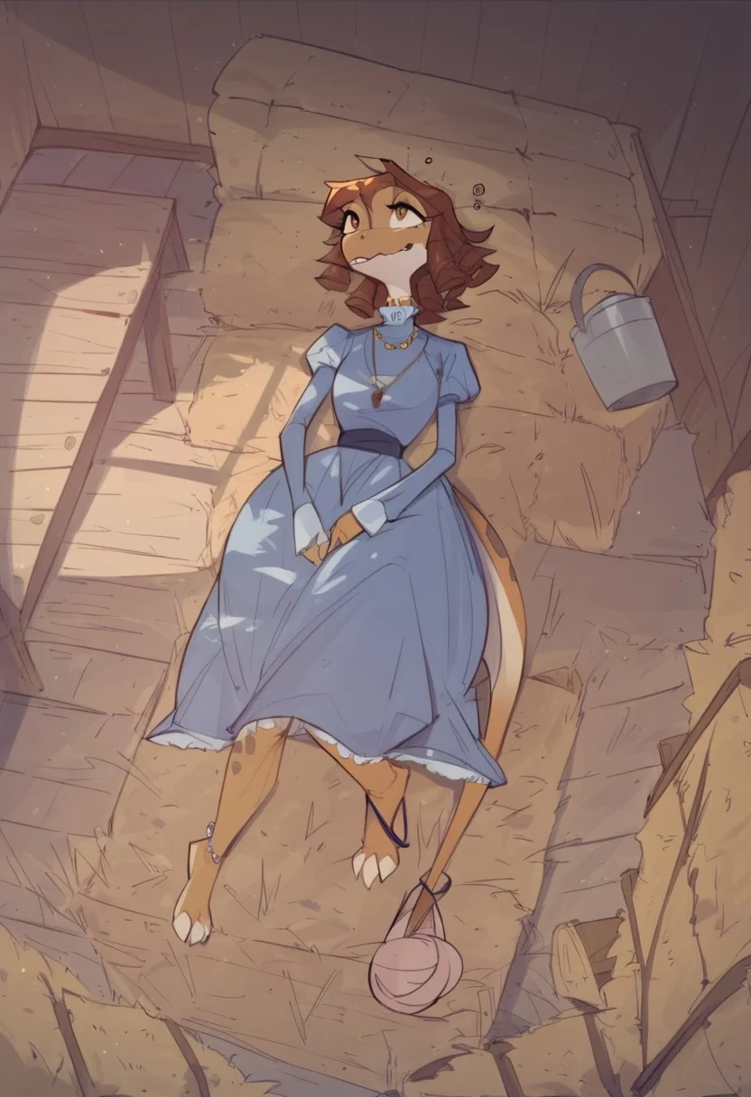 safe_pos, BeansPXL, jewelry, long sleeves, juliet sleeves, necklace, puffy sleeves, dress, blue dress, brown eyes, brown hair, short hair, drill hair, reptile girl, large breasts, narrow waist, wide hips, anthro lizard, scales, furry, female furry, sleeping on hay bail, on back, tail curled around ankles, holding a big egg, snoring, porch light, early evening, 
flat color, fca style, toon \(style\), 2d,score_9, score_8_up, score_7_up, score_6_up, farm house, fence,