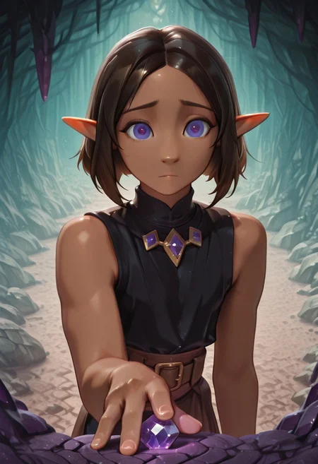 1 Lapanya, solo, Repeta, violet eyes, black sleeveless top,
Raised eyebrows, curious expression,
Holding purple gemstone in one hand, 4-sided gemstone, small gemstone,
organic cavern background, 
Medieval style, Smooth colors, detailed eyes, clean lines, high quality, best quality, masterpiece, rating: safe, source: anime,