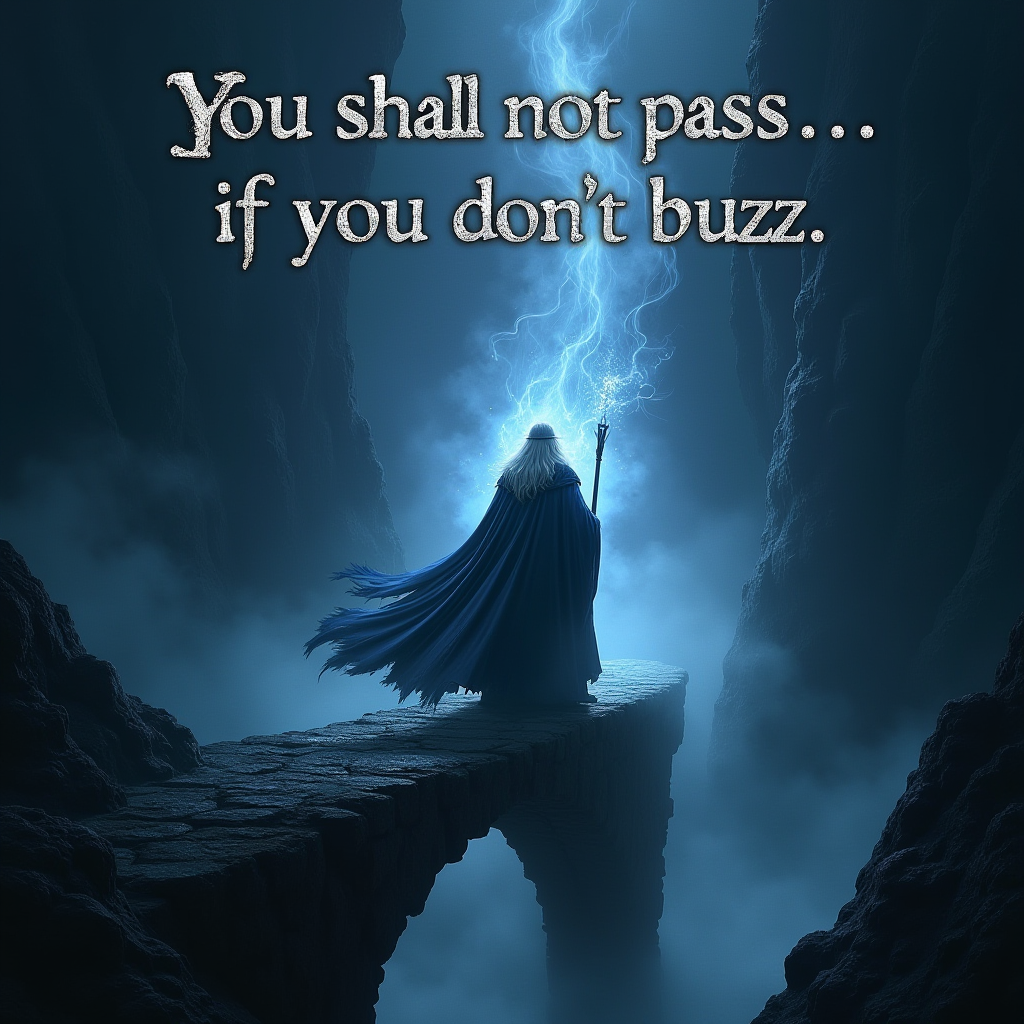 A powerful Gandalf stands defiantly on a rocky bridge, radiating an aura of magic. Dark, swirling mist envelops the background. Ethereal blue and silver lighting highlights his flowing robes. The ominous text "You shall not pass..." arches above, while "if you donât buzz" subtly curves below in bold, striking font, creating a dramatic fantasy artwork.