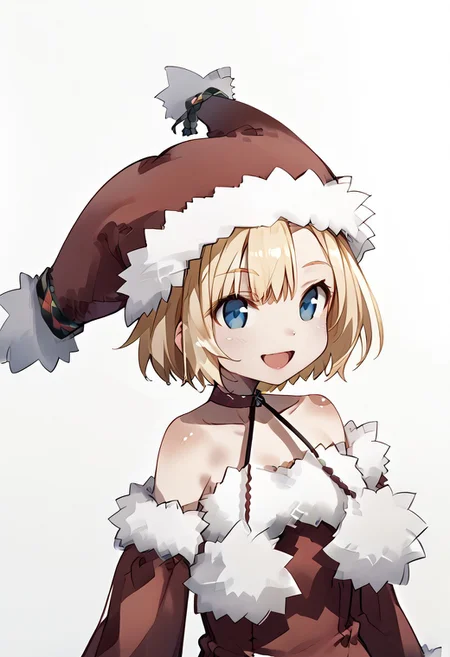1girl_Witch, solo,fur-trimmed sleeves, hat, pantyhose, fur-trimmed dress, fur-trimmed red clothes, fur-trimmed headwear, fur-trimmed boots , red footwear, bare shoulders, pom pom \(clothes\), choker, detached sleeves,kind smile,cheek,open mouth,white  background,upper body,Look here,