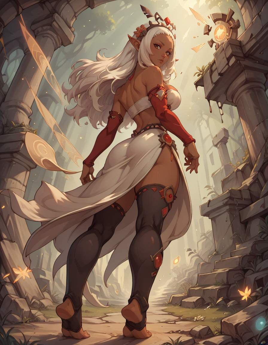 score_9, score_8_up, score_7_up,score_6_up, score_5_up, score_4_up ,1girl, solo,
large breasts,
EniripsaDG,
brown eyes, pointy ears, dark-skinned female, white hair, long hair, 
 detached sleeves, hair ornament, tube top, toeless legwear, dress,
light particles, forest, ruins, 
from behind, magic, glowing,
looking at viewer, 
from below,
 <lora:EniripsaDG PonyXL v01:0.90>