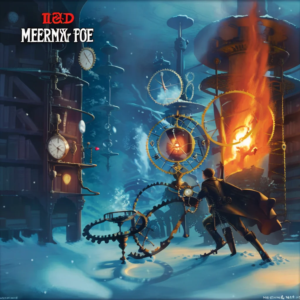 fire, clock, library, glowing, male focus, snow, steampunk, holding weapon