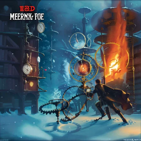 fire, clock, library, glowing, male focus, snow, steampunk, holding weapon