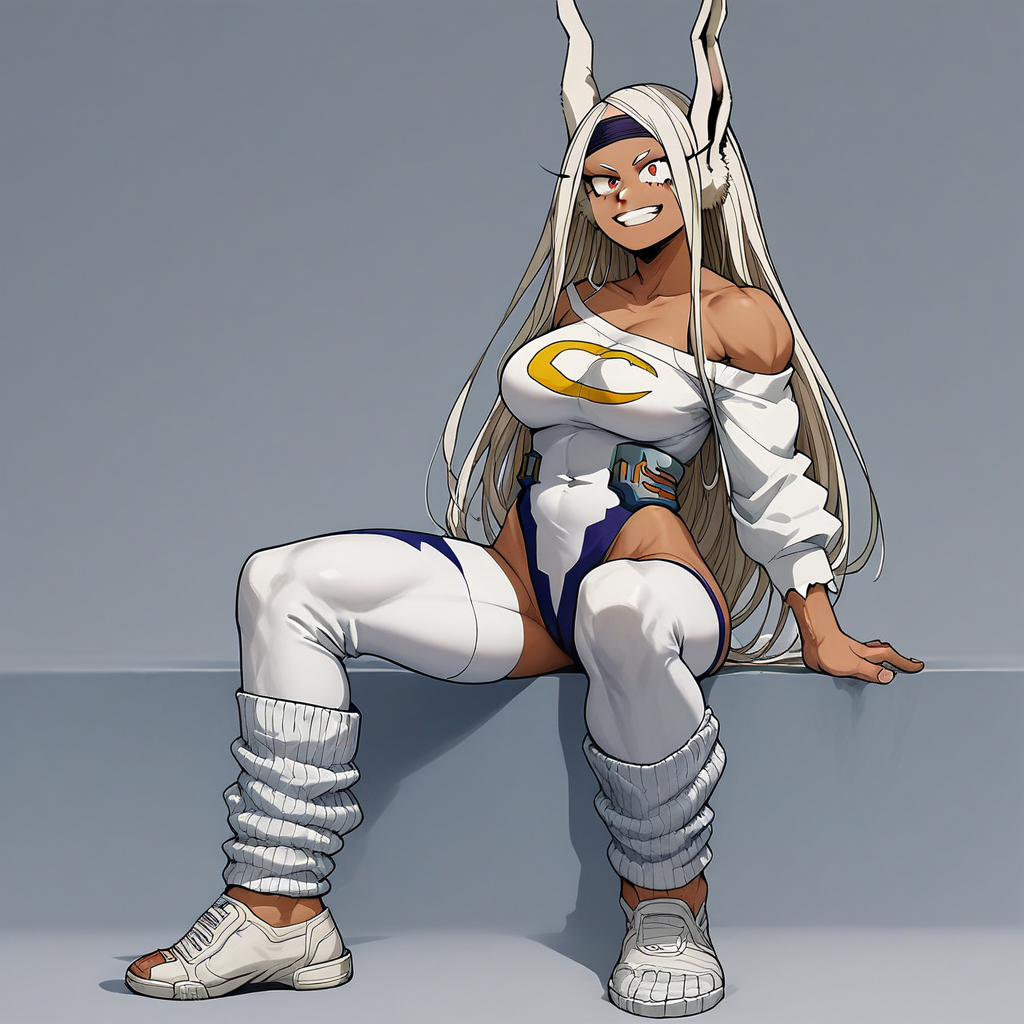 score_9, score_8_up, score_7_up, source_anime, expressive, anime, Artist speedlines, dynamic, 1girl, retro_workoutwear, boku_no_hero_academia, my hero academia, Mirko, BREAK, MILF, large breasts, 25 year old female, Mirko\(my hero academia\), 1woman, dark-skinned_female, red eyes, smirk, sexy, horny, (white hair), white clothes, retro_workoutwear, 1980s_(style), aerobics, headband, off_shoulder, highleg_leotard, leg_warmers, thong_leotard, cropped_sweater, leg_warmers, sneakers, studio,
