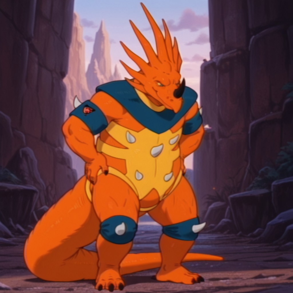 masterpiece, best quality, amazing quality, StyracoDsil, anthro, male, Styracosaurus, orange skin, black nose horn, green eyes, yellow leotard, blue trim, blue armbands, blue kneepads, white spikes,,  solo, 1boy, full body, standing, outside, hands on hips