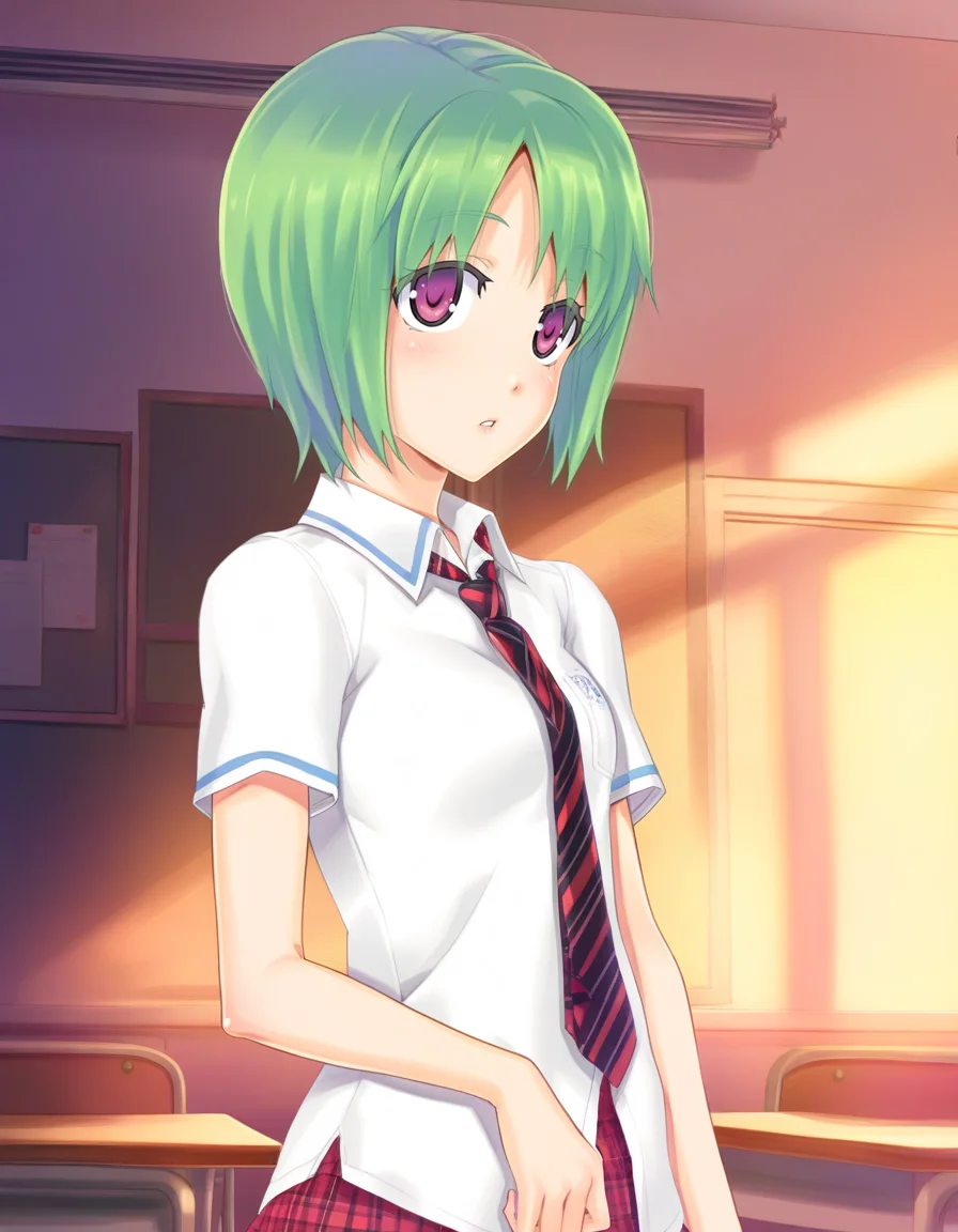 hanasato megumi, purple eyes, green hair, short hair, small breasts, biman2 school uniform, short sleeves, plaid necktie, red plaid skirt, classroom, parted lips, solo <lora:Biman Adam-000063:1>