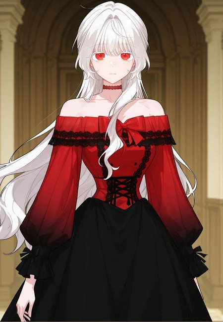 gorgeous girl, kawaii girl, cute face, masterpiece, best quality, very awa, absurdres, ultra-detailed-eyes, detailed background, ambient occlusion, raytracing, soft lighting, absolutely eye-catching, intricate cinematic background, (beautiful face), Masterpiece,(perfect female body),(detailed hair), detailed background, small waist, detailed skin, (4k),(incredibly detailed:1.4), perfect anatomy, slim, neatly drawn nose, beautiful fingers, small waist, (super model body), (breasts), looking at viewer, facing viewer, 
<lora:Eisel_-_The_Male_Lead_Is_In_Charge_Of_The_Successor-Kaleid_Illustrious:1> /eisel/, 1girl, long hair, red eyes, bangs, white hair, white eyelashes, long dress, choker, long sleeves, off-shoulder dress, black-red dress