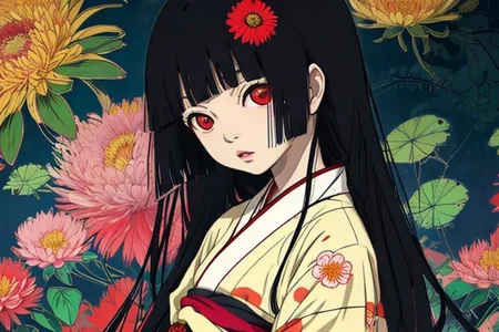 Enma Ai, 1girl, chrysanthemum, flower, solo, japanese clothes, long hair, kimono, yellow flower, butterfly, hair spread out, sash, floral print, black hair, hair down, red eyes, lying, obi, orange flower, bangs, on back, kikumon, spider lily, pink flower, colorful, red flower, blunt bangs, blue flower, looking at viewer, parted lips, butterfly print, print kimono, long sleeves, pale skin, wide sleeves, from above, <lora:Enma Ai:0.8>, river, night