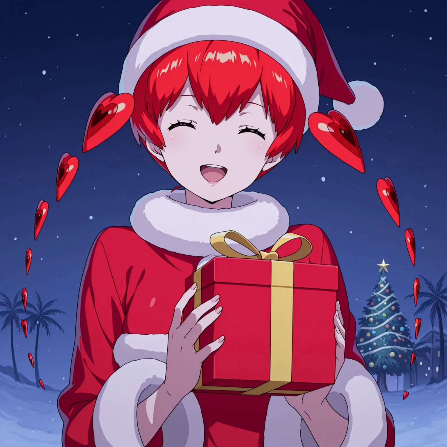 lazypos,anime screencap, 1girl, solo
Sophia Persona, red hair, detached hair, hearts, bikini, closed eyes, smile, open mouth, defaultsophia, twintails, hires, sharp, (santa suit, santa hat, red clothing)
BREAK,
Snow, christmas, vibrating colors, (hig contrast, shiny skin, bright colors, palm tree, holding present, christmas tree, presents,)