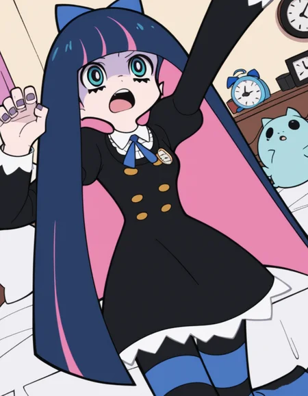 score_9, score_8_up, score_7_up, source_anime, <lora:stocking-anarchy-anime-ponyxl-lora-nochekaiser:1>, stocking anarchy, blue eyes, blue hair, colored inner hair, hair bow, long hair, multicolored hair, pink hair, two-tone hair, bangs, blunt bangs,, striped, striped thighhighs, thighhighs, dress, black dress, puffy sleeves, long sleeves, skirt, shirt, collared shirt, white shirt,, bedroom, alarm clock, morning routine, yawning, stretching, on bed,, , , hand touching face, foot pointed, elbow up, solo,, cowboy shot, dutch angle