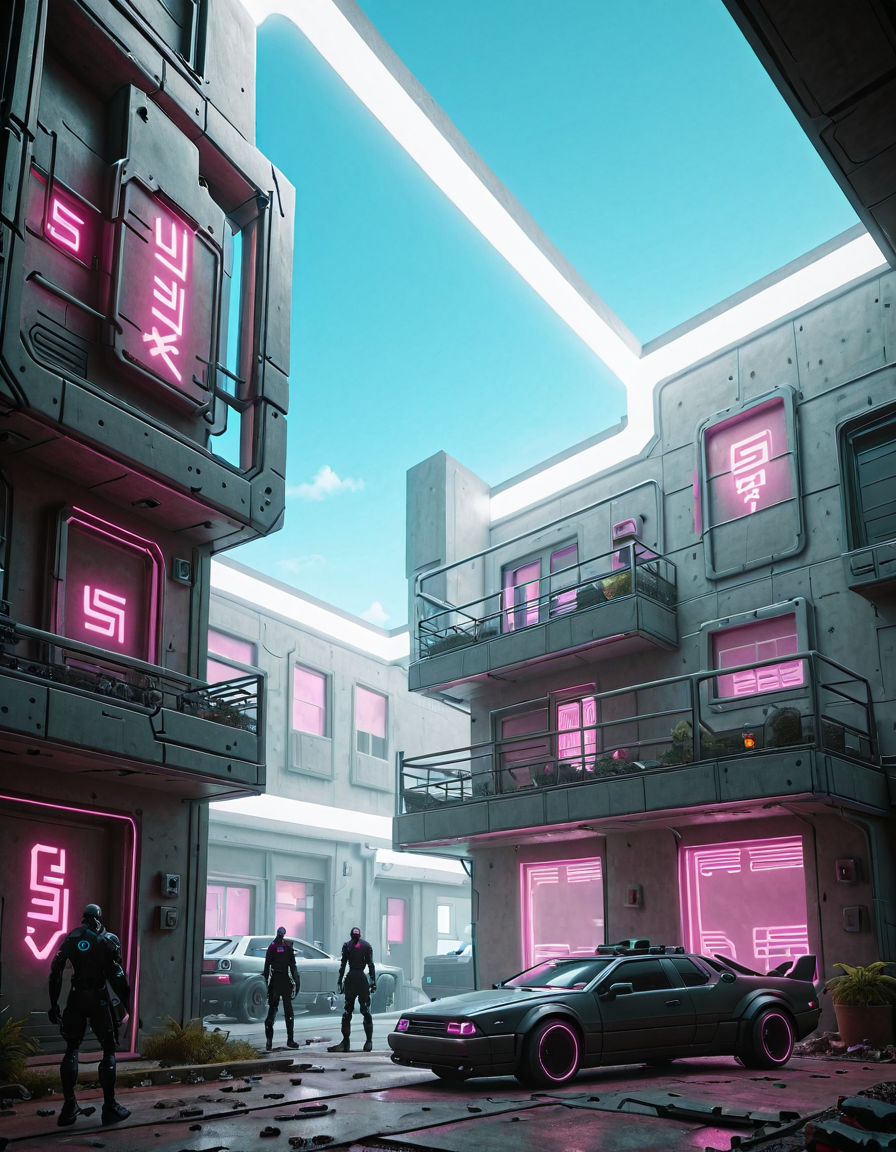 <lora:CWMinis01v2illb:1> cw01mini, cyberpunk, house, cyberpunk car, persons, glowing runes, glow, illuminated, blue sky, day, low angle shot,