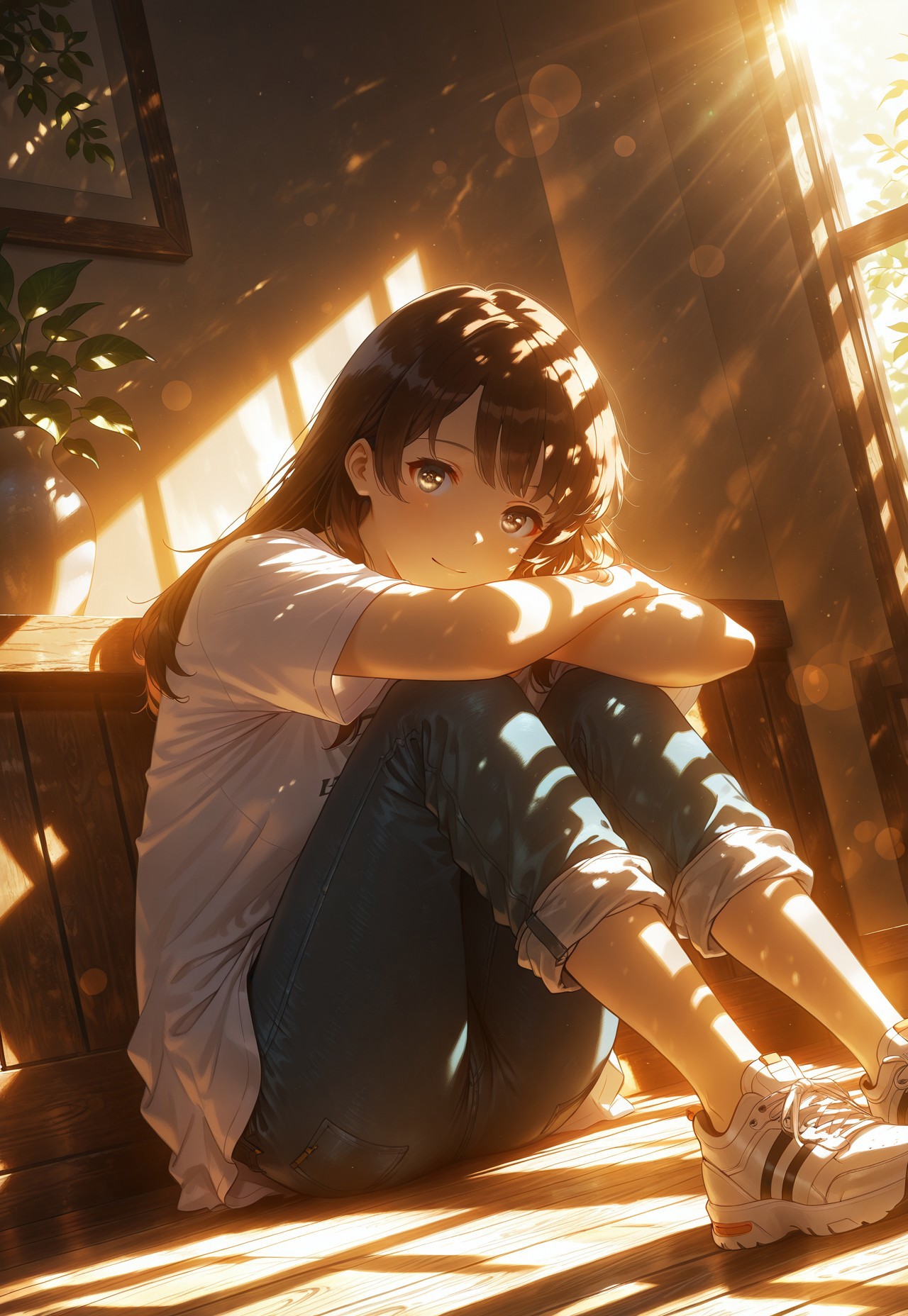 safe_pos, dynamic view, dutch angle, dynamic angle, cinematic framing, (digital painting:0.8), auralora, (aura:0.2), mythp0rt, bokeh, (luminescent background:0.8), 

elegant, masterpiece, best quality, highly detailed, high contrast, dramatic shadows, raytracing, subsurface scattering, 

gentle smile, sitting on wooden floor, knees bent, arms resting on knees, relaxed posture, oversized white T-shirt, loose-fitting rolled-up jeans, white sneakers, flowers in pots, green leaves, sunlit garden setting, soft and bright lighting, relaxed and peaceful mood, looking at viewer, 

(solo), 1girl, m3gum1kat0, bangs, brown hair,pupils,brown eyes,long hair, ((detailed eyes))