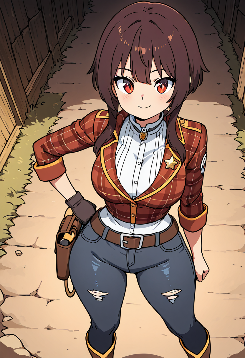 masterpiece, best quality, solo, curvy, beautiful eyes, narrow waist, wide hips, 1girl, solo, smile, looking at viewer, dynamic angle, foreshortening, close up,    zzMegu, red eyes, short hair, brown hair, short hair with long locks,   ,<lora:MeguminKonosubaCSV_IXL_v1:0.7>,  large breasts, [Prairie Ranch Deputy], star-shaped deputy badge, suede jacket with fringe, button-up plaid shirt, leather vest, boot-cut jeans, leather belt with buckle, lasso holstered at hip, worn riding gloves, spurred boots, stitched saddlebag, wild prairie field, vigilant stance,