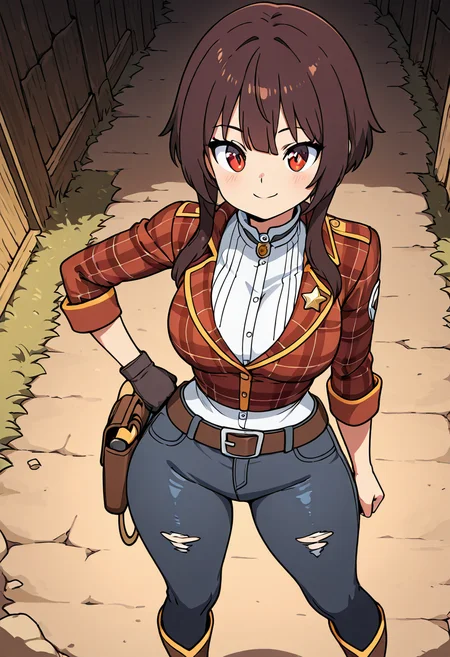 masterpiece, best quality, solo, curvy, beautiful eyes, narrow waist, wide hips, 1girl, solo, smile, looking at viewer, dynamic angle, foreshortening, close up,    zzMegu, red eyes, short hair, brown hair, short hair with long locks,   ,<lora:MeguminKonosubaCSV_IXL_v1:0.7>,  large breasts, [Prairie Ranch Deputy], star-shaped deputy badge, suede jacket with fringe, button-up plaid shirt, leather vest, boot-cut jeans, leather belt with buckle, lasso holstered at hip, worn riding gloves, spurred boots, stitched saddlebag, wild prairie field, vigilant stance,