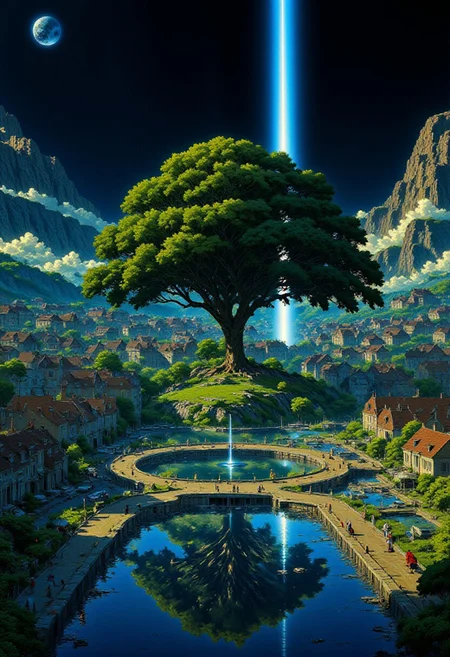 AnimeSky style, anime style, high lighting, Minimalist style city, with an octagon shape and canals that connect in the center of the city, the central focus is a large tree that emanates a blue light and is surrounded by water, which connects to the canals and connects with eight bridges between the canals to the city, it will have some large squares and houses, the sky would be at night where you can see a large galaxy accompanied by some planets.
high quality, best quality, masterpiece, high definition, high resolution