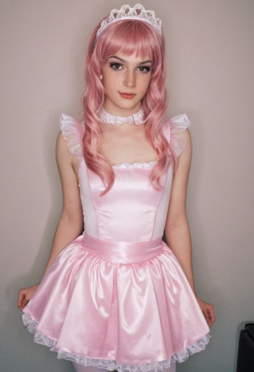 slutty pastel satin fairy maid alice princess costume, skinny, amateur, sexy british crossdresser, beautiful, 19 years old, headband, freckles, soft smile, punk, flirtatious, tights, satin tutu, lipgloss, ear
dark room, analog 90s Kodak flash photograph, uncensored, nip slip, detailed background