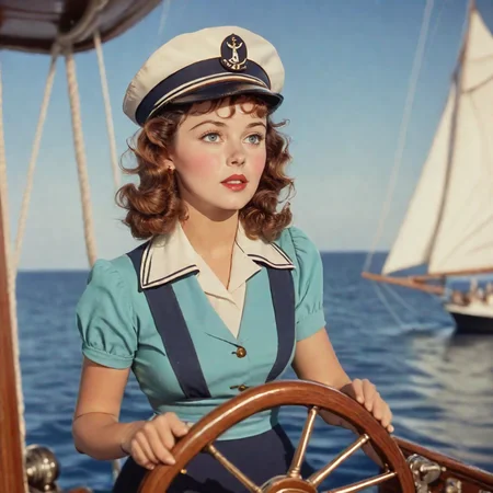 <lora:30s_Technicolor_MovieSDXL:1> ArsMovieStill, movie still from a 1930s technicolor movie, The image shows a woman in a sailor's hat standing on the deck of a boat holding the steering wheel. The boat is sailing on the water with a clear blue sky in the background., 1girl, solo, watercraft, hat, brown hair, shirt, curly hair, suspenders, blurry, outdoors