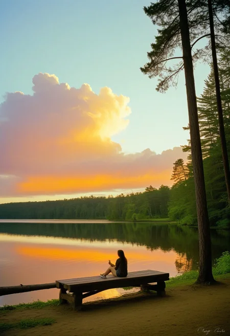 A serene atmosphere: a woman sits on a weathered bench overlooking a tranquil river beach, surrounded by lush greenery and towering trees. A wooden cabin stands in the distance, softly reflected on the calm water. A warm gradient sky with orangish hues and fluffy clouds dances above, while the woman sips refreshing cola from a bottle in her hand, photograph taken with Kodak portra 400 35mm color film, style, masterpiece, high resolution, ultra detailed