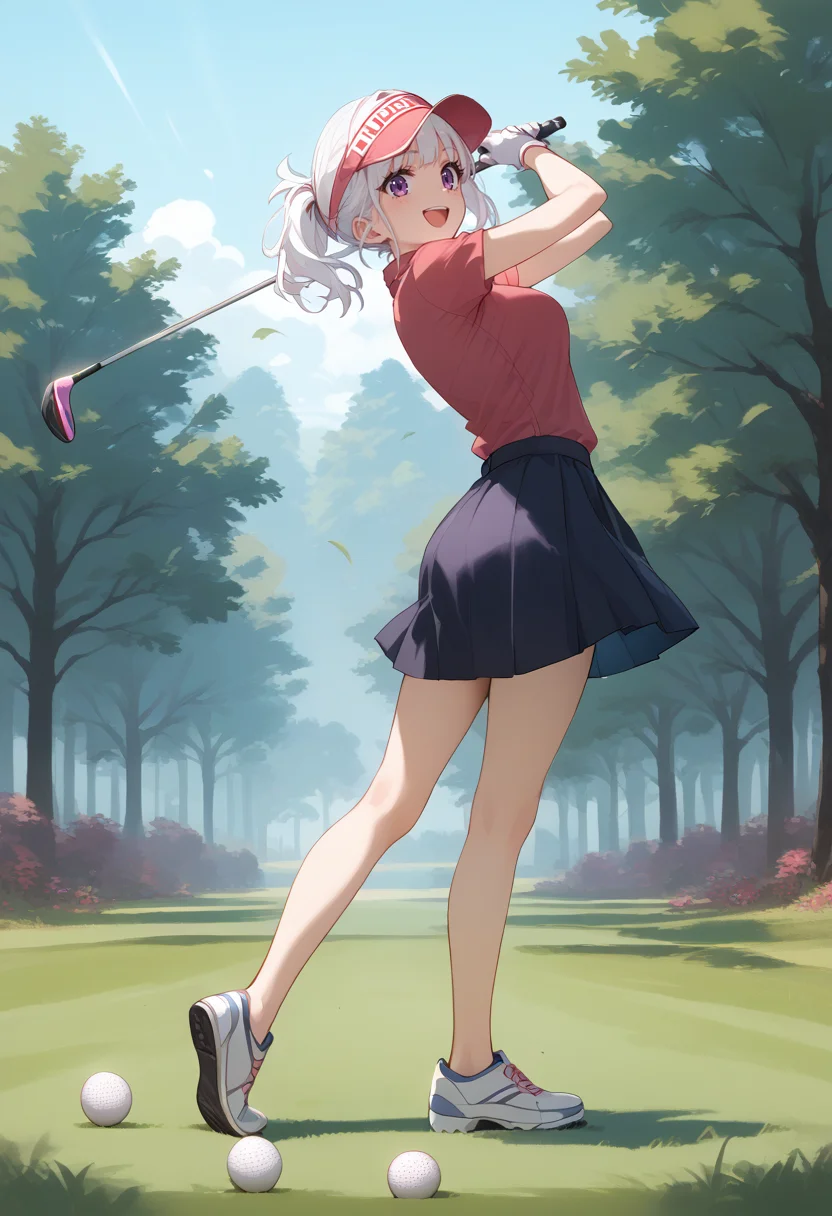 score_9, score_8_up, score_7_up, source_anime,
1girl,solo,medium breasts,
golf,golf club,gloves,shirt,skirt,visor cap,outdoors,day <lora:golf_Pony_v1:0.8>
from side, full body, looking back, white hair, purple eyes,happy, open mouth, short ponytail hair,,