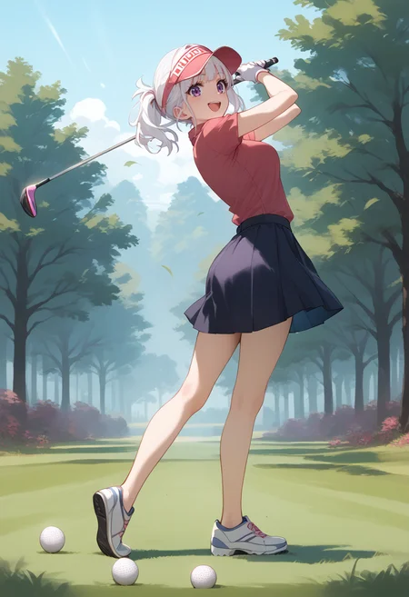 score_9, score_8_up, score_7_up, source_anime,
1girl,solo,medium breasts,
golf,golf club,gloves,shirt,skirt,visor cap,outdoors,day <lora:golf_Pony_v1:0.8>
from side, full body, looking back, white hair, purple eyes,happy, open mouth, short ponytail hair,,